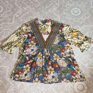 Anthropology - Floral V-Neck Mixed-Print Women's Blouse - Blue & Cream